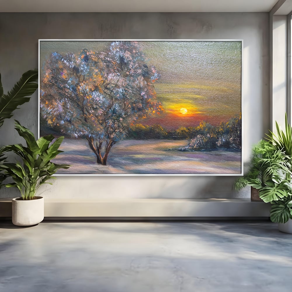 Tablou canvas cu pictura peisaj cu copac si apus, in rama de aluminiu argintiu